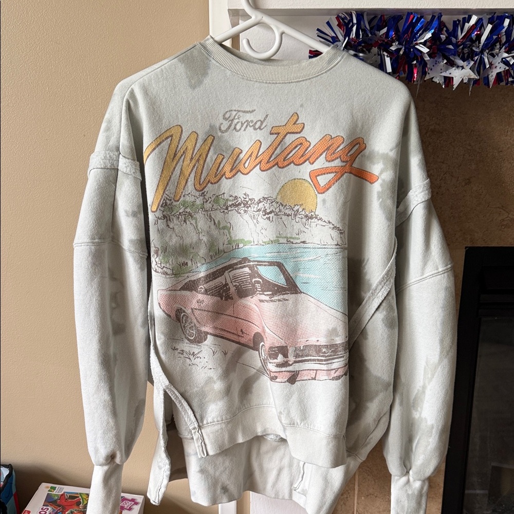 Ford Mustang Graphic Crewneck Sweater - Pale Mint with Orange & Pink Accents